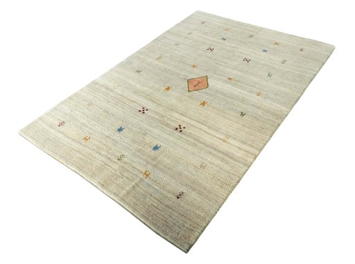 Corner detail of New Persian Gabbeh rug showing border pattern and Wool pile