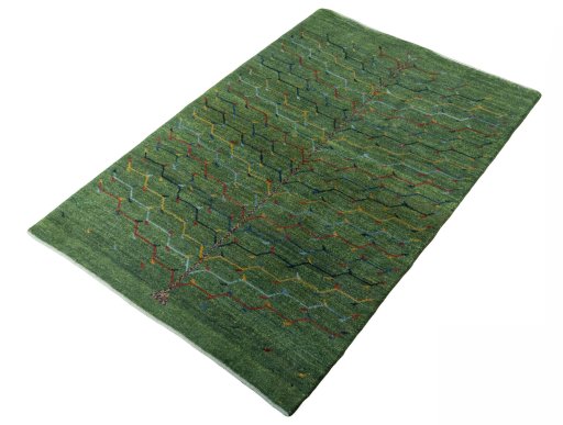 Corner detail of New Persian Gabbeh rug showing border pattern and Wool pile