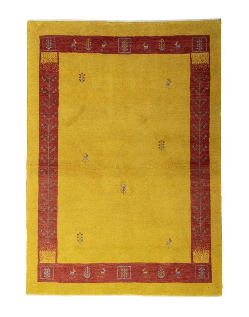 Full view of New Persian Gabbeh rug from Iran / Persia, 210 × 150 cm in Yellow tones