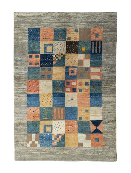 Full view of New Persian Gabbeh rug from Iran / Persia, 295 × 202 cm in Multi Color tones