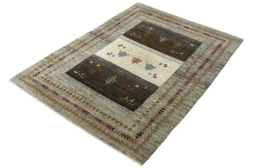 Corner detail of New Persian Gabbeh rug showing border pattern and Wool pile