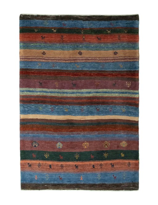 Full view of New Persian Gabbeh rug from Iran / Persia, 150 × 102 cm in Multi Color tones