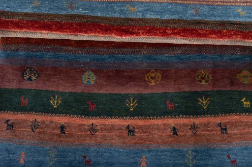 Full view of New Persian Gabbeh rug from Iran / Persia, 150 × 102 cm in Multi Color tones