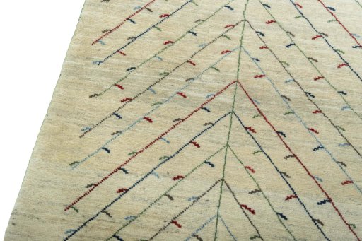 Backside of handmade New Persian Gabbeh rug showing knot structure and weave density