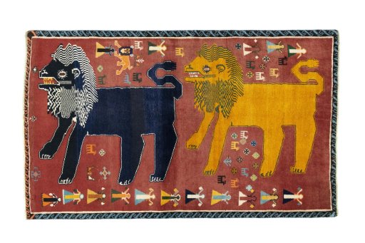 Full view of 2000s Persian Gabbeh rug from Iran / Persia, 183 × 111 cm in Red tones