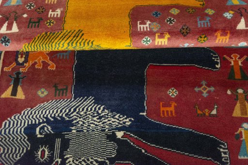 Full view of 2000s Persian Gabbeh rug from Iran / Persia, 183 × 111 cm in Red tones
