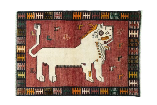 Full view of 2000s Persian Gabbeh rug from Iran / Persia, 153 × 107 cm in Red tones