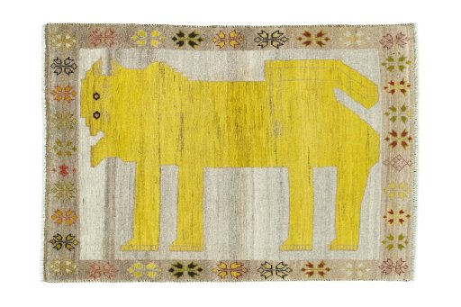 Full view of 2000s Persian Gabbeh rug from Iran / Persia, 151 × 105 cm in Beige tones