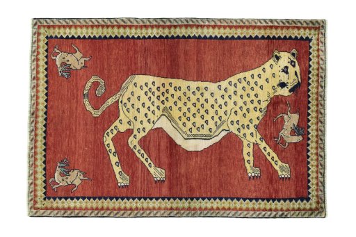 Full view of 2000s Persian Gabbeh rug from Iran / Persia, 205 × 140 cm in Red tones