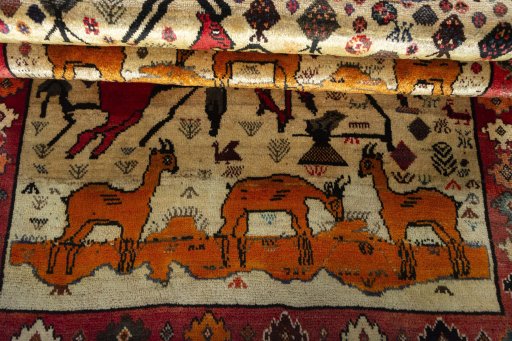 Full view of 2000s Persian Gabbeh rug from Iran / Persia, 203 × 118 cm in Multi Color tones