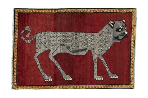 Full view of 2000s Persian Gabbeh rug from Iran / Persia, 149 × 100 cm in Red tones
