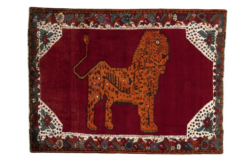 Full view of 2000s Persian Gabbeh rug from Iran / Persia, 202 × 151 cm in Red tones