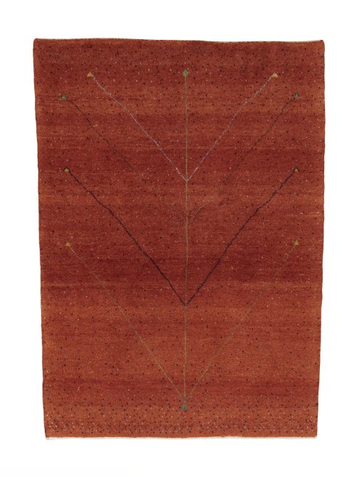 Full view of New Persian Gabbeh rug from Iran / Persia, 150 × 109 cm in Red tones