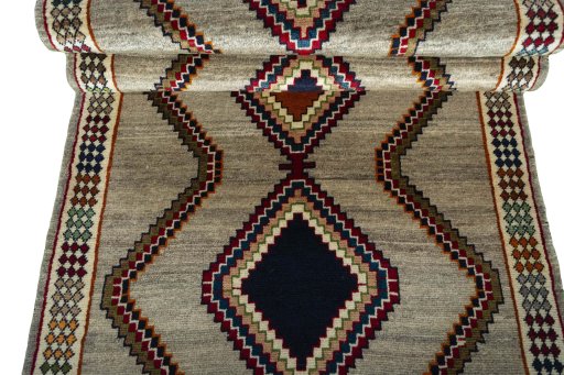 Full view of 2000s Persian Gabbeh rug from Iran / Persia, 282 × 104 cm in Gray tones