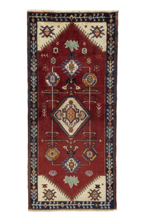 Full view of 2000s Persian Gabbeh rug from Iran / Persia, 181 × 83 cm in Red tones