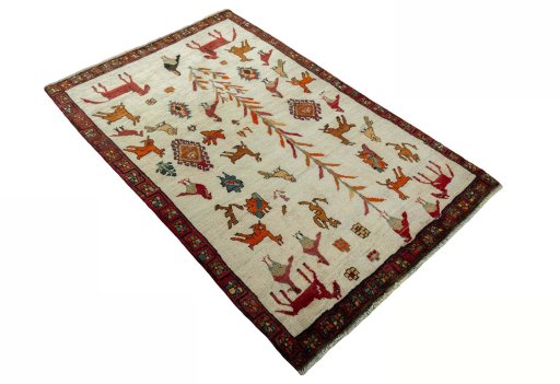 Close-up detail of 2000s Persian Gabbeh rug from Iran / Persia showing Wool weave
