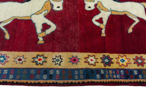 Close-up detail of 2000s Persian Gabbeh rug from Iran / Persia showing Wool weave