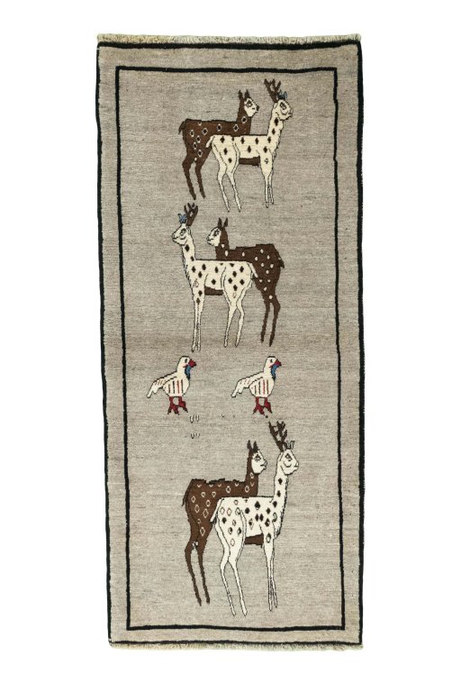 Full view of 2000s Persian Gabbeh rug from Iran / Persia, 213 × 95 cm in Gray tones