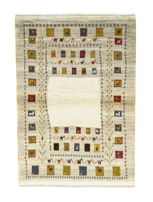 Full view of 2000s Persian Gabbeh rug from Iran / Persia, 148 × 105 cm in Beige tones