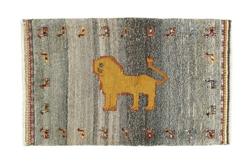 Full view of 2000s Persian Gabbeh rug from Iran / Persia, 135 × 85 cm in Gray tones