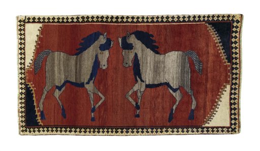 Full view of 2000s Persian Gabbeh rug from Iran / Persia, 185 × 103 cm in Red tones