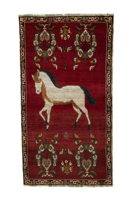 Full view of 2000s Persian Gabbeh rug from Iran / Persia, 196 × 107 cm in Red tones