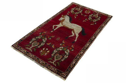 Corner detail of 2000s Persian Gabbeh rug showing border pattern and Wool pile