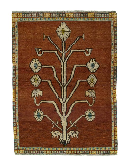 Full view of 1970s Persian Gabbeh rug from Iran / Persia, 158 × 118 cm in Yellow tones