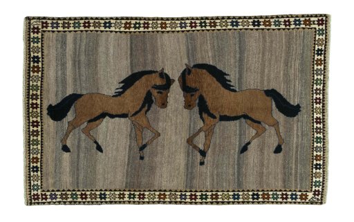 Full view of 2000s Persian Gabbeh rug from Iran / Persia, 212 × 133 cm in Gray tones
