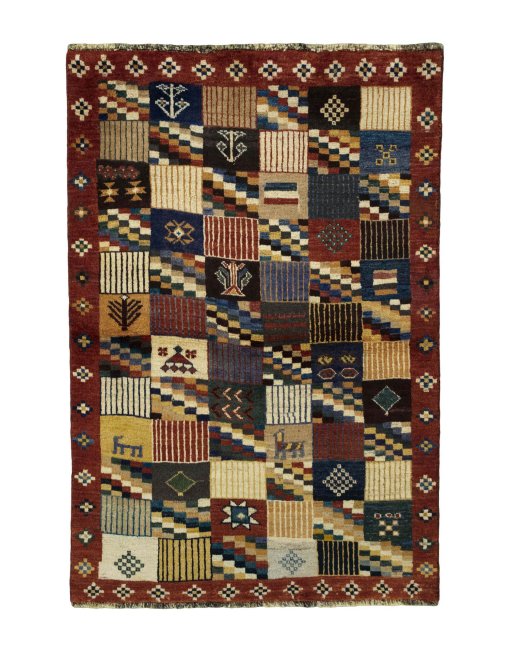 Full view of 2000s Persian Gabbeh rug from Iran / Persia, 160 × 108 cm in Multi Color tones