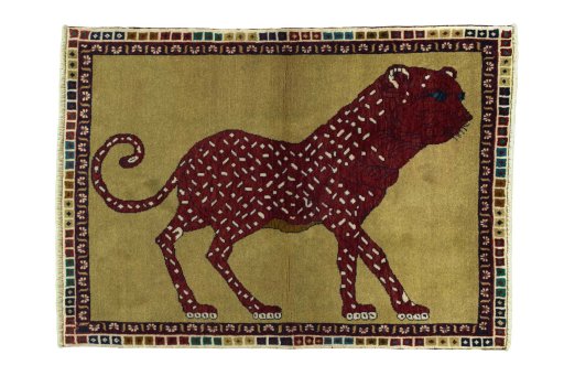 Full view of 2000s Persian Gabbeh rug from Iran / Persia, 155 × 112 cm in Yellow tones