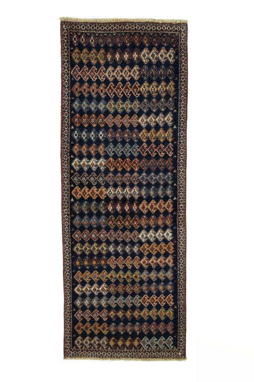 Full view of 2000s Persian Gabbeh rug from Iran / Persia, 223 × 83 cm in Blue tones