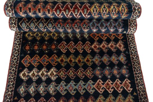 Full view of 2000s Persian Gabbeh rug from Iran / Persia, 223 × 83 cm in Blue tones