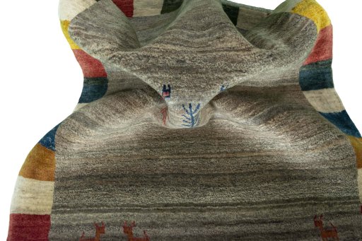 Corner detail of New Persian Gabbeh rug showing border pattern and Wool pile