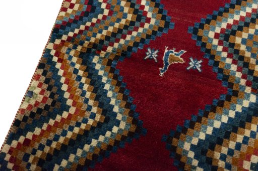 Backside of handmade 2000s Persian Gabbeh rug showing knot structure and weave density