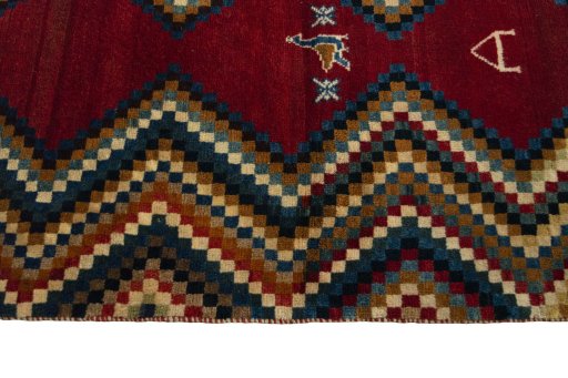 Close-up detail of 2000s Persian Gabbeh rug from Iran / Persia showing Wool weave