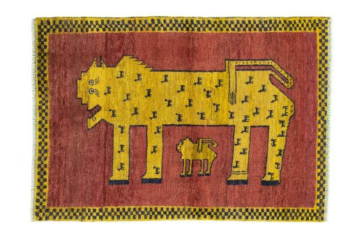 Full view of 2000s Persian Gabbeh rug from Iran / Persia, 146 × 104 cm in Red tones