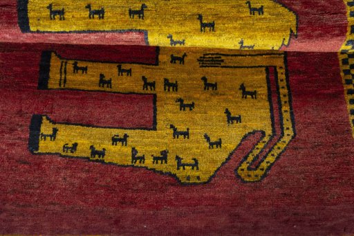 Full view of 2000s Persian Gabbeh rug from Iran / Persia, 146 × 104 cm in Red tones