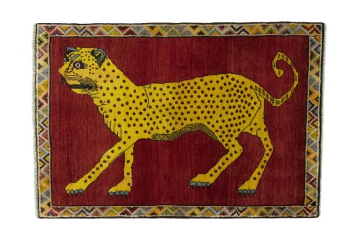 Full view of 2000s Persian Gabbeh rug from Iran / Persia, 151 × 105 cm in Red tones