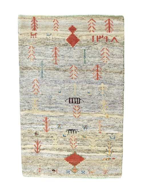 Full view of 2000s Persian Gabbeh rug from Iran / Persia, 164 × 106 cm in Multi Color tones