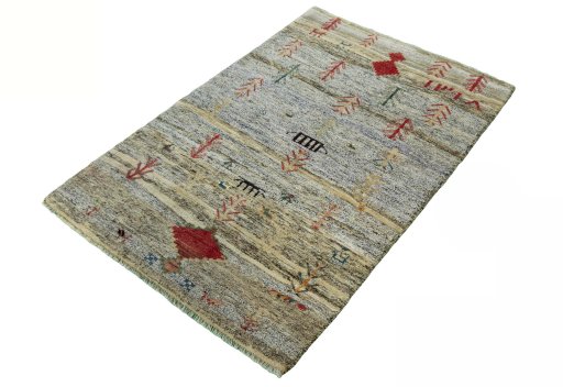Corner detail of 2000s Persian Gabbeh rug showing border pattern and Wool pile