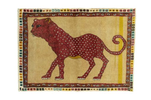 Full view of 2000s Persian Gabbeh rug from Iran / Persia, 150 × 110 cm in Yellow tones