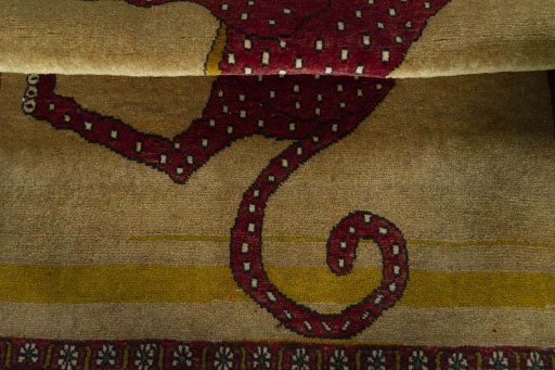 Full view of 2000s Persian Gabbeh rug from Iran / Persia, 150 × 110 cm in Yellow tones