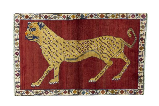 Full view of 2000s Persian Gabbeh rug from Iran / Persia, 172 × 109 cm in Red tones