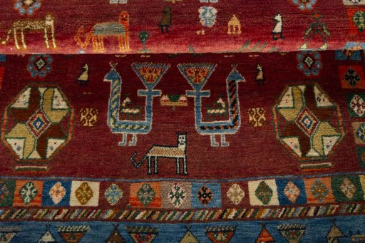 Full view of 2000s Persian Gabbeh rug from Iran / Persia, 164 × 100 cm in Red tones