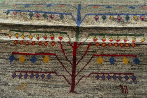 Full view of 2000s Persian Gabbeh rug from Iran / Persia, 172 × 113 cm in Gray tones