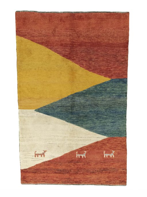 Full view of 2000s Persian Gabbeh rug from Iran / Persia, 244 × 155 cm in Multi Color tones
