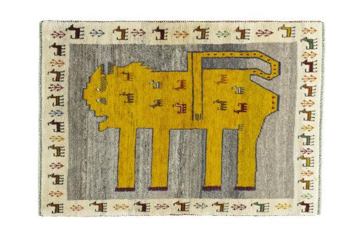 Full view of 2000s Persian Gabbeh rug from Iran / Persia, 150 × 107 cm in Gray tones