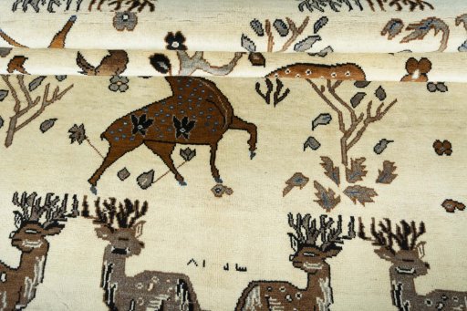Full view of 2000s Persian Gabbeh rug from Iran / Persia, 248 × 150 cm in Beige tones