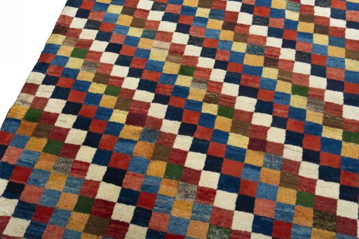 Backside of handmade New Persian Gabbeh rug showing knot structure and weave density